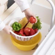 茶花 厨房洗菜篮塑料水果盆双层沥水篮漏水果蔬筐淘菜盆滴水筛 1156 (新款黄色)